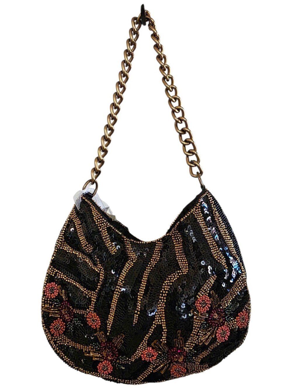 NEW Beaded Zebra Floral Gold & Black Sequin Evening Shoulder Bag w/ Chain Strap